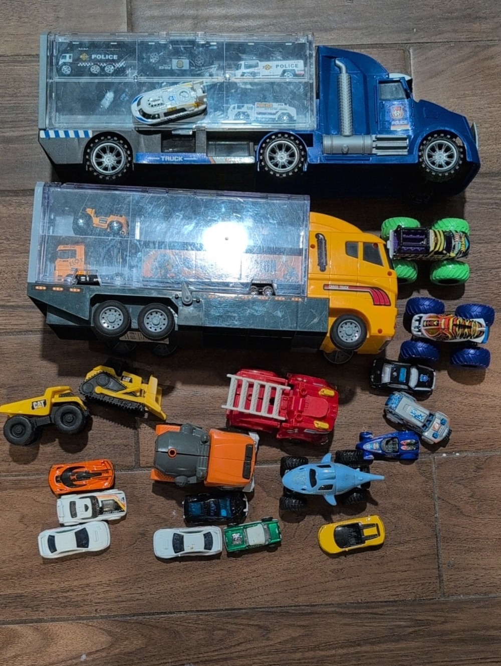 Kids Toy Truck Playset with Assorted Mini Vehicles - Blue, Yellow, Red Bundle